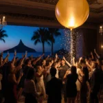 Golden balloon drop descends with warm glow over partygoers dancing and raising champagne glasses in night ballroom.