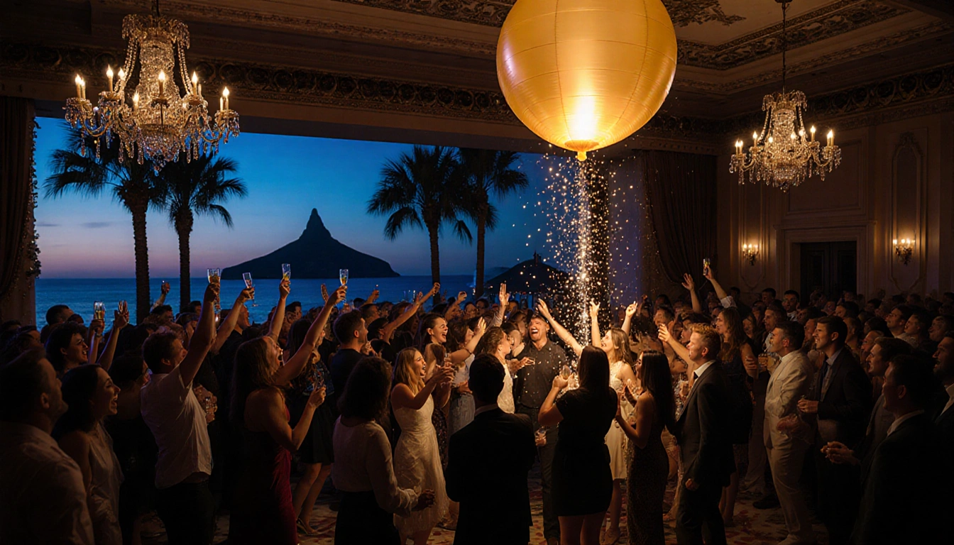 Golden balloon drop descends with warm glow over partygoers dancing and raising champagne glasses in night ballroom.