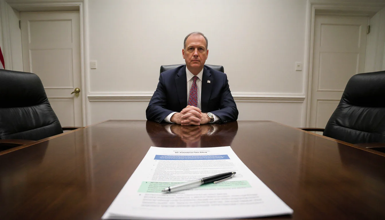 CDC Director Jim O'Neill sits in a room with a policy brief showing decisions pen on his hand.