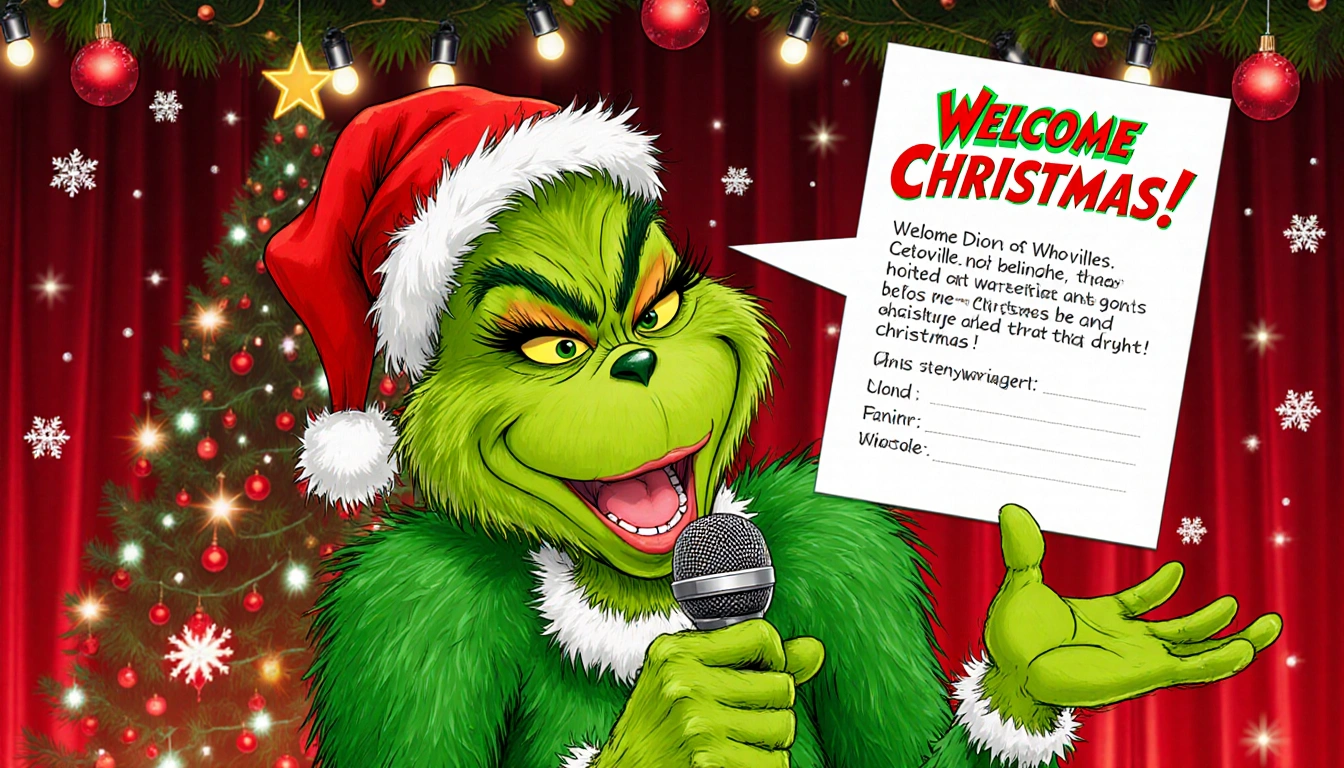 Celine Dion as the Grinch belting into a microphone with a backdrop and Christmas lights while pointing at Whoville invitatio