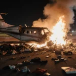 Cessna C550 jet wreckage burns with flames and smoke over a dark runway illuminated by emergency lights