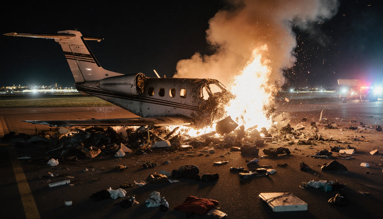 Cessna C550 jet wreckage burns with flames and smoke over a dark runway illuminated by emergency lights