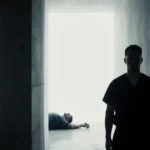 Chad Ollinger standing alone in a Las Vegas jail cell with a white background and faint silhouette of a lifeless body behind