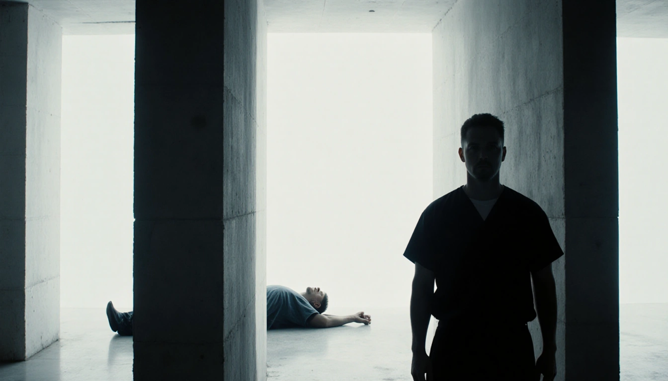 Chad Ollinger standing alone in a Las Vegas jail cell with a white background and faint silhouette of a lifeless body behind