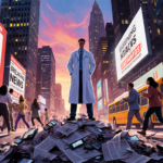 Lab coat figure standing on rubble with scattered newspapers and broken gadgets and a blurred city bus in neon cityscape
