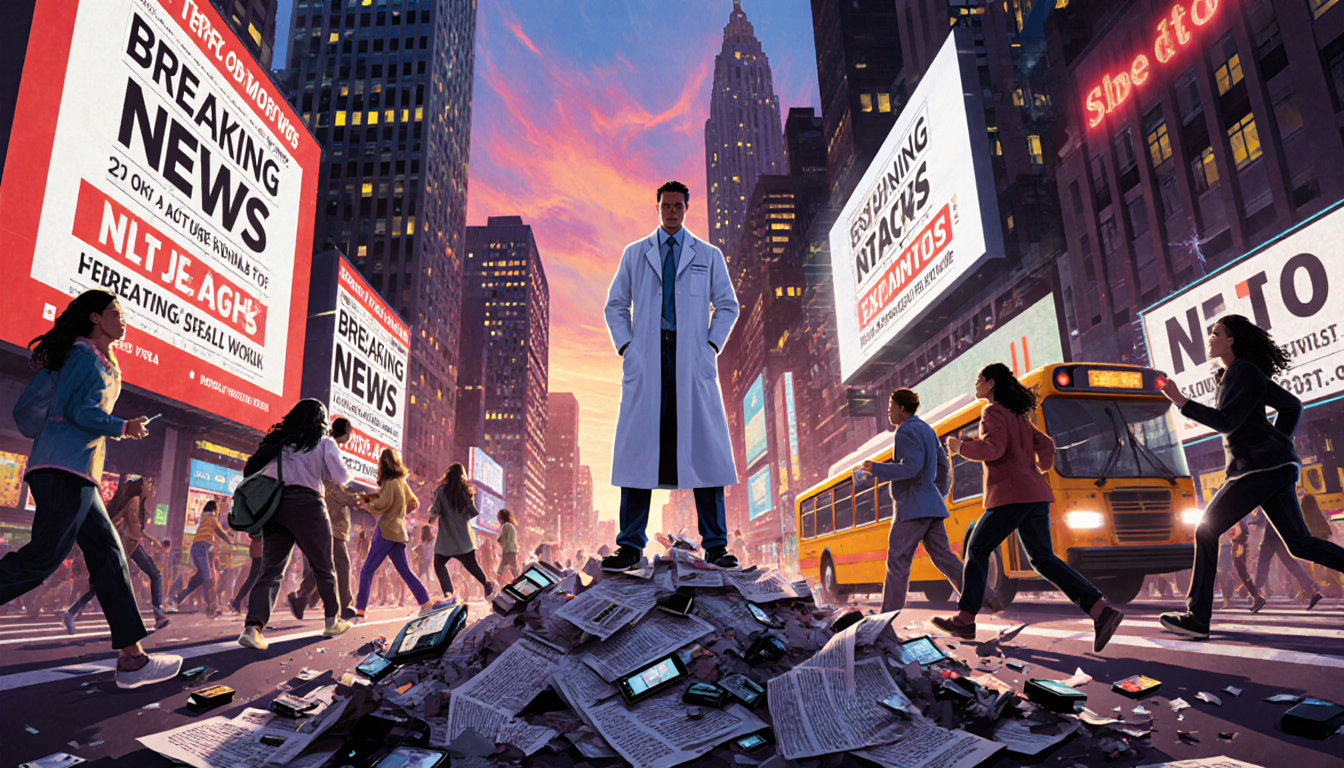Lab coat figure standing on rubble with scattered newspapers and broken gadgets and a blurred city bus in neon cityscape