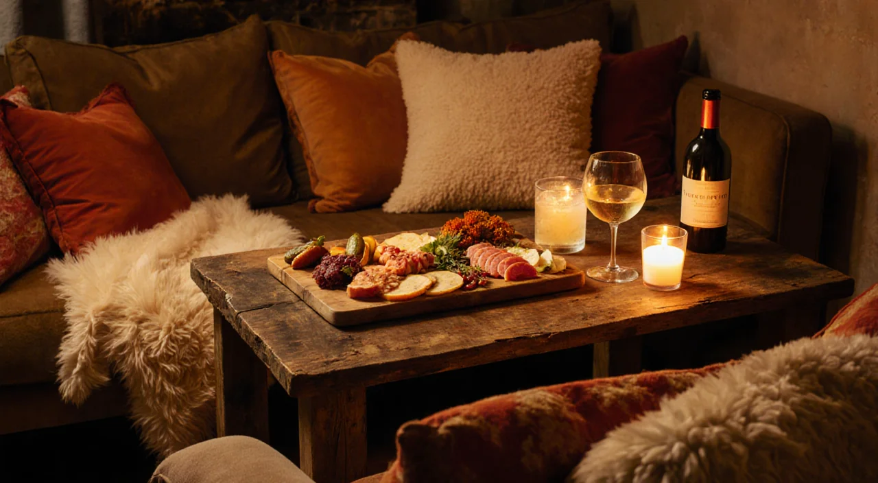 Charcuterie board arranged with vibrant meats and cheeses on reclaimed wood with French flair and candlelight