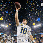 Justin Herbert holding game‑winning football with Chargers teammates cheering and confetti falling over Lincoln Field