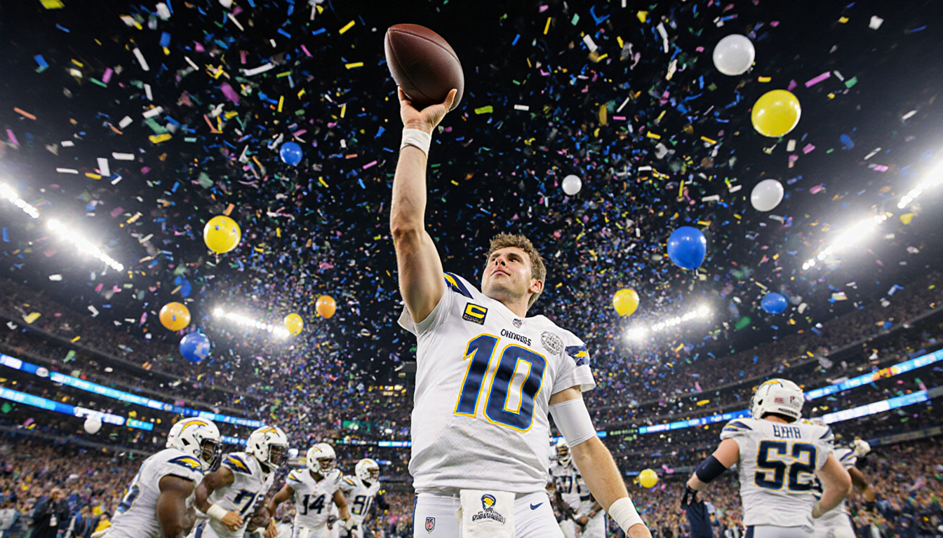 Justin Herbert holding game‑winning football with Chargers teammates cheering and confetti falling over Lincoln Field