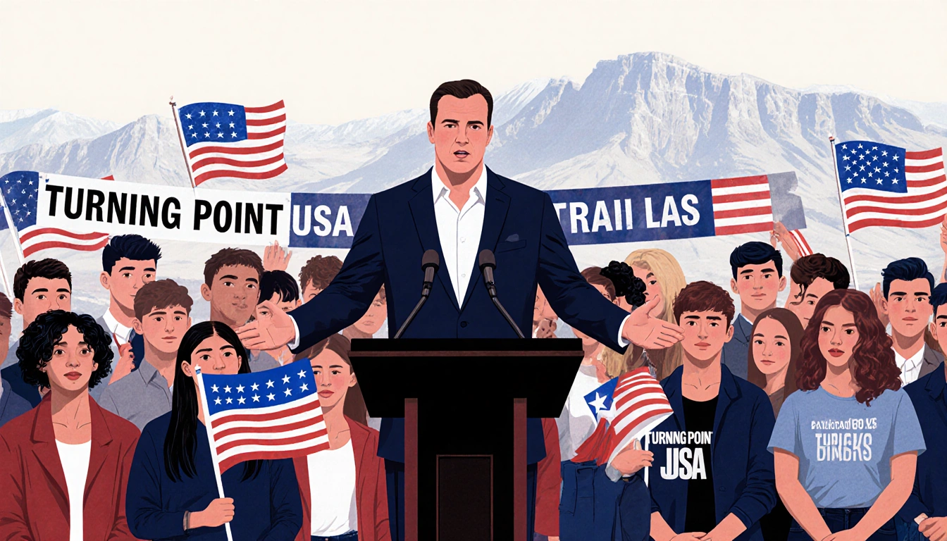 Charlie Kirk addressing a youth crowd at a political rally with Utah mountains and a fading headline honoring his legacy