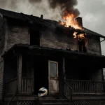 Burned house emits smoke with overcast sky and shattered door and abandoned racing helmet.