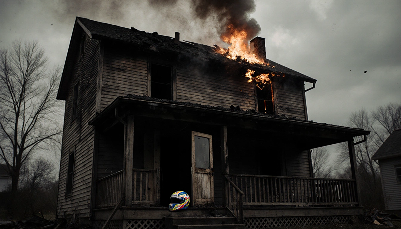 Burned house emits smoke with overcast sky and shattered door and abandoned racing helmet.