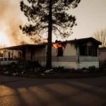 Flames licking a charred mobile home at dusk with a destroyed pine tree and smoldering cars in the yard