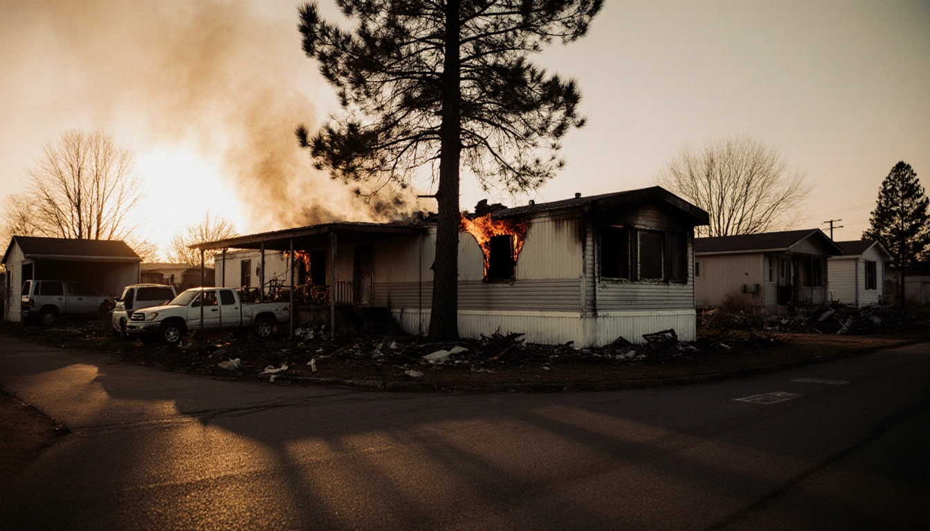 Flames licking a charred mobile home at dusk with a destroyed pine tree and smoldering cars in the yard