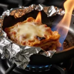 Charred steel pan melting aluminum foil like a battery with a smoldering lasagna visible through a hole in the pan