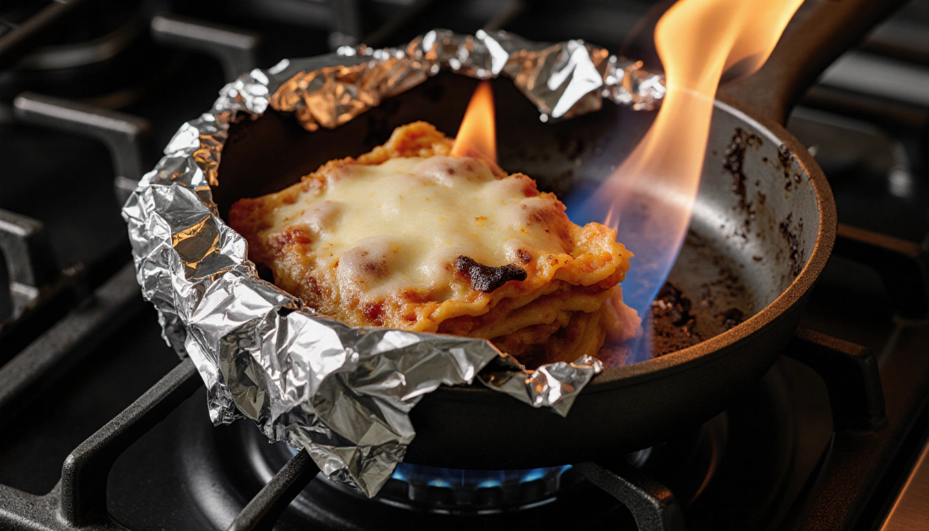 Charred steel pan melting aluminum foil like a battery with a smoldering lasagna visible through a hole in the pan