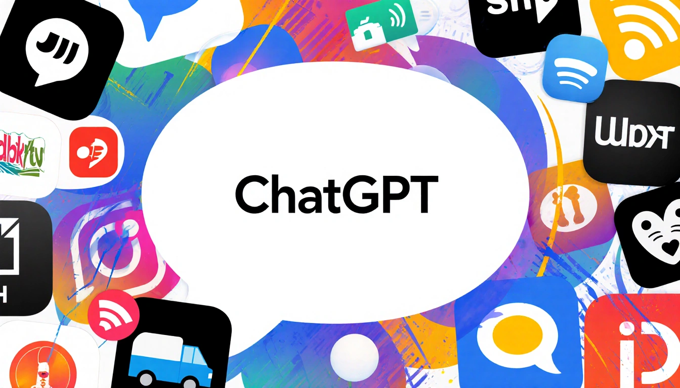 Chat bubble connecting with app icons around it with motion lines showing app integrations