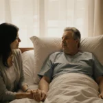 Chevy Chase sits upright in bed with Jayni holding his hand as warm light falls over a framed photo symbolizing recovery.