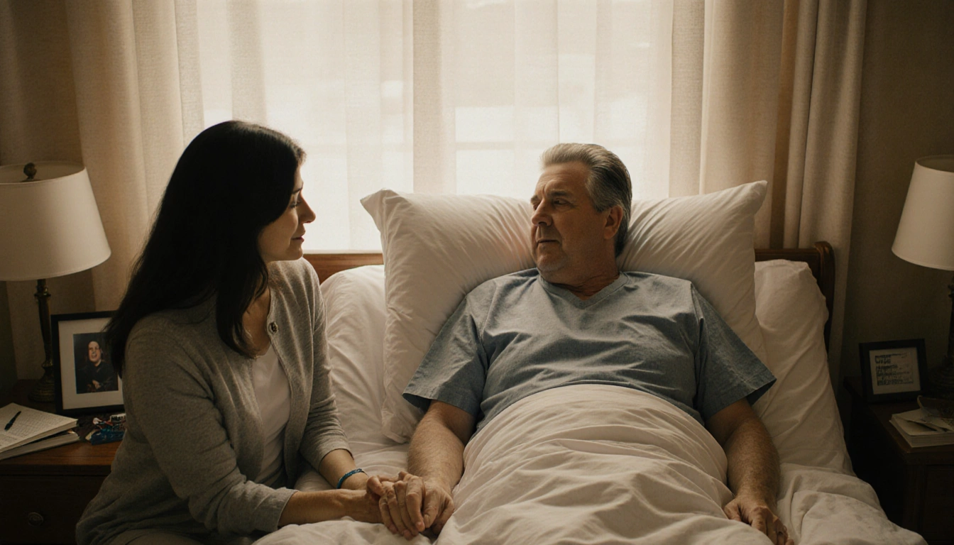 Chevy Chase sits upright in bed with Jayni holding his hand as warm light falls over a framed photo symbolizing recovery.