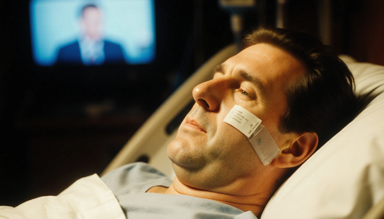Chevy Chase lying in a hospital bed with soft golden light and a blurred TV screen showing a news program