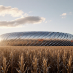 Modern stadium rises above cornfield with golden sunlight and clouds in the distance.