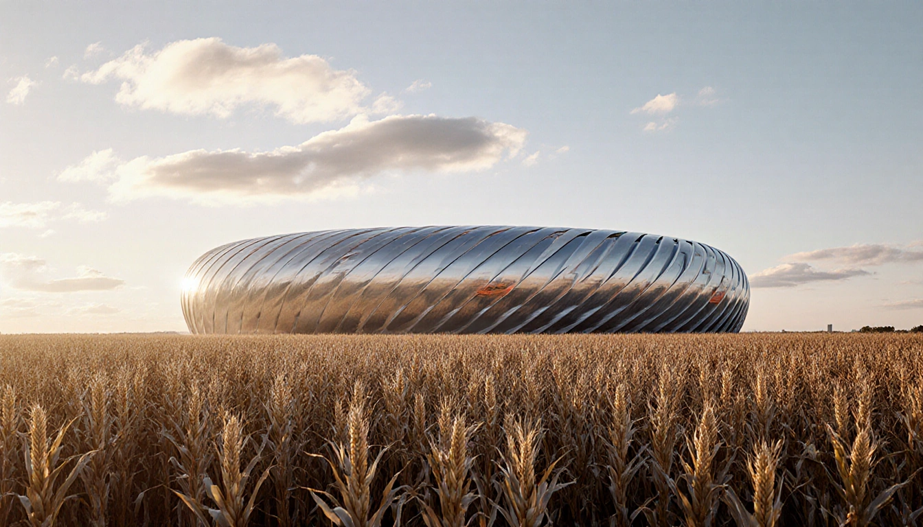 Modern stadium rises above cornfield with golden sunlight and clouds in the distance.