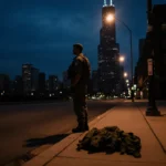 Lone figure standing on sidewalk looking toward horizon with Willis Tower silhouette and orange streetlight glow in indigo sk