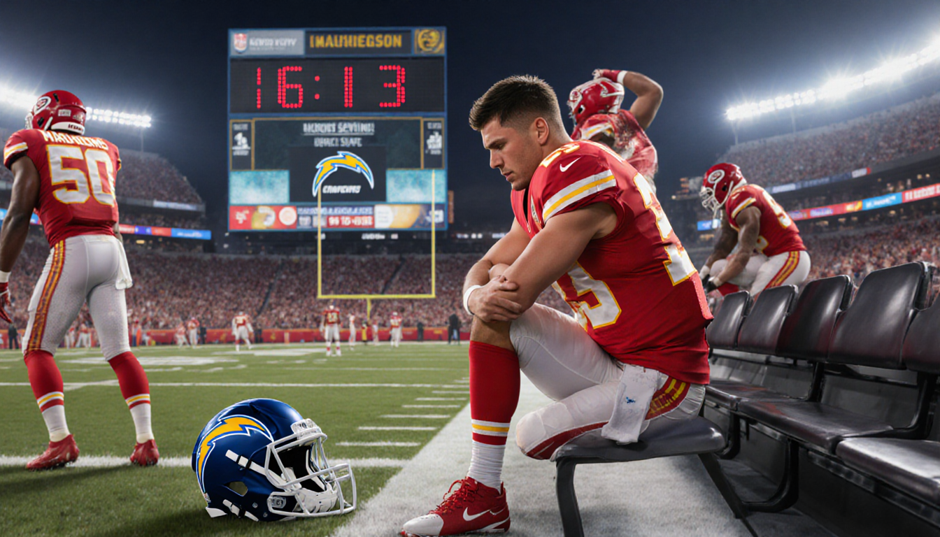 Patrick Mahomes sits on bench holding knee with Chiefs teammates disappointed around him and score 16-13 loss in background