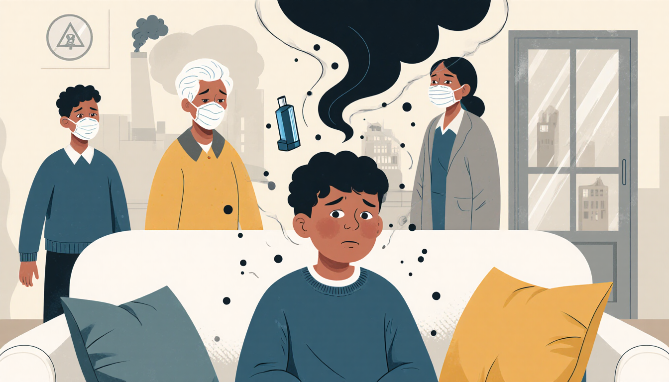 Child sitting on couch with dark air pollution smoke swirling and vulnerable adults with inhalers in background