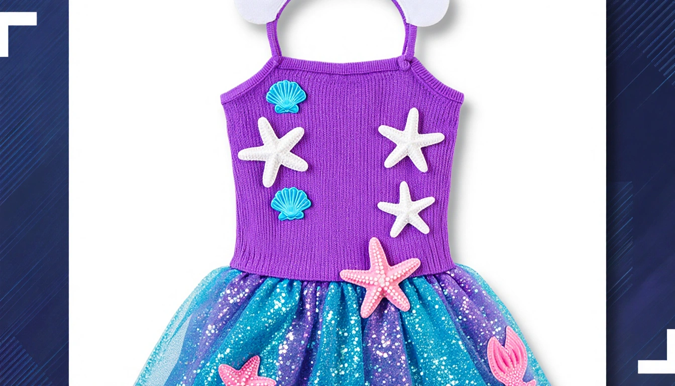 Illustrated child's mermaid dress shows a purple knit top with white starfish and a glittery skirt in blue purple pink