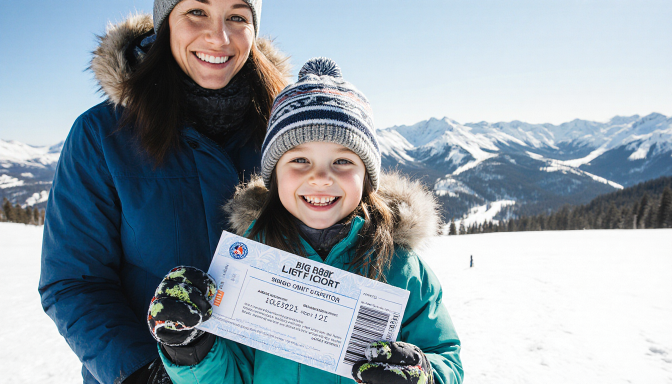 Smiling child holding lift ticket with supervising adult beside snowy mountains and proof of age ID