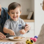 Child kneading dog treat dough with parent encouraging beside kitchen counter and baking utensils