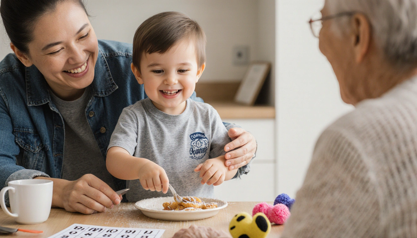 Child kneading dog treat dough with parent encouraging beside kitchen counter and baking utensils