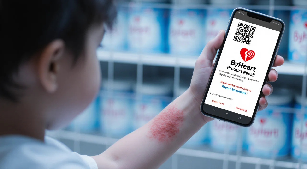 Child's arm shows faint rash with QR code reminder and a phone alert from ByHeart