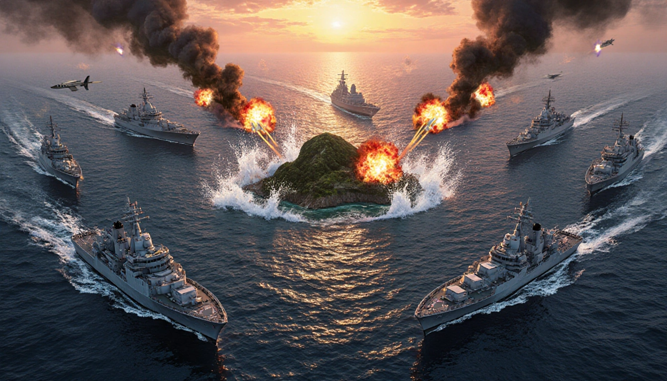 Chinese naval forces encircle Taiwan with rockets and assault ships amid explosions and sunset