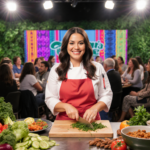 Chiquis Rivera chopping fresh herbs with vibrant produce and studio lights in a lively kitchen scene