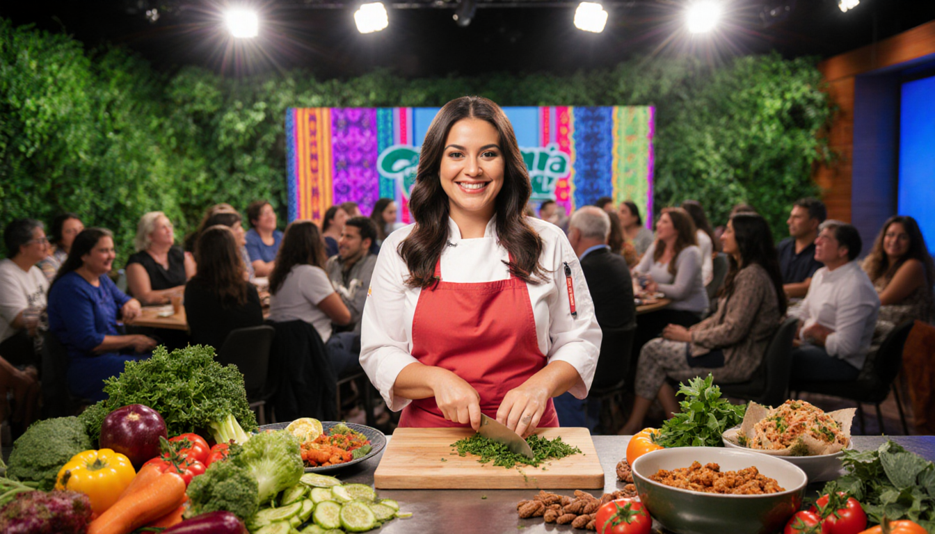 Chiquis Rivera chopping fresh herbs with vibrant produce and studio lights in a lively kitchen scene