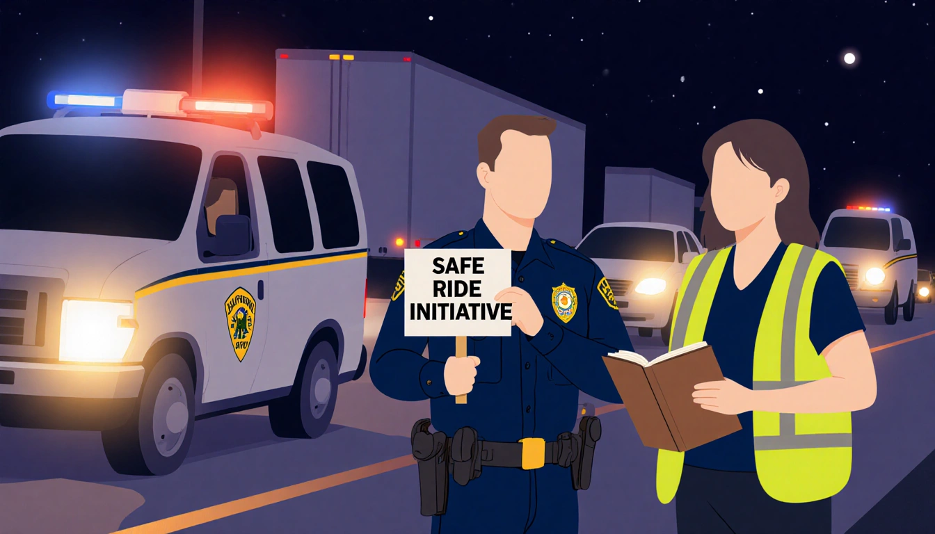 CHP officer holding Safe Ride Initiative sign with another officer holding ticket book on nighttime highway