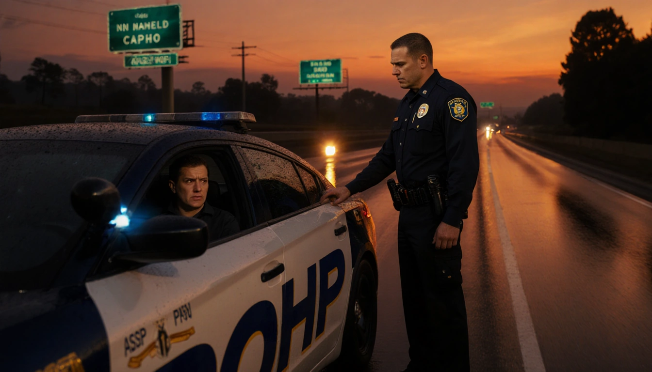 CHP patrol car pulling over a speeding vehicle with tense driver and calm officer promoting traffic safety at dusk