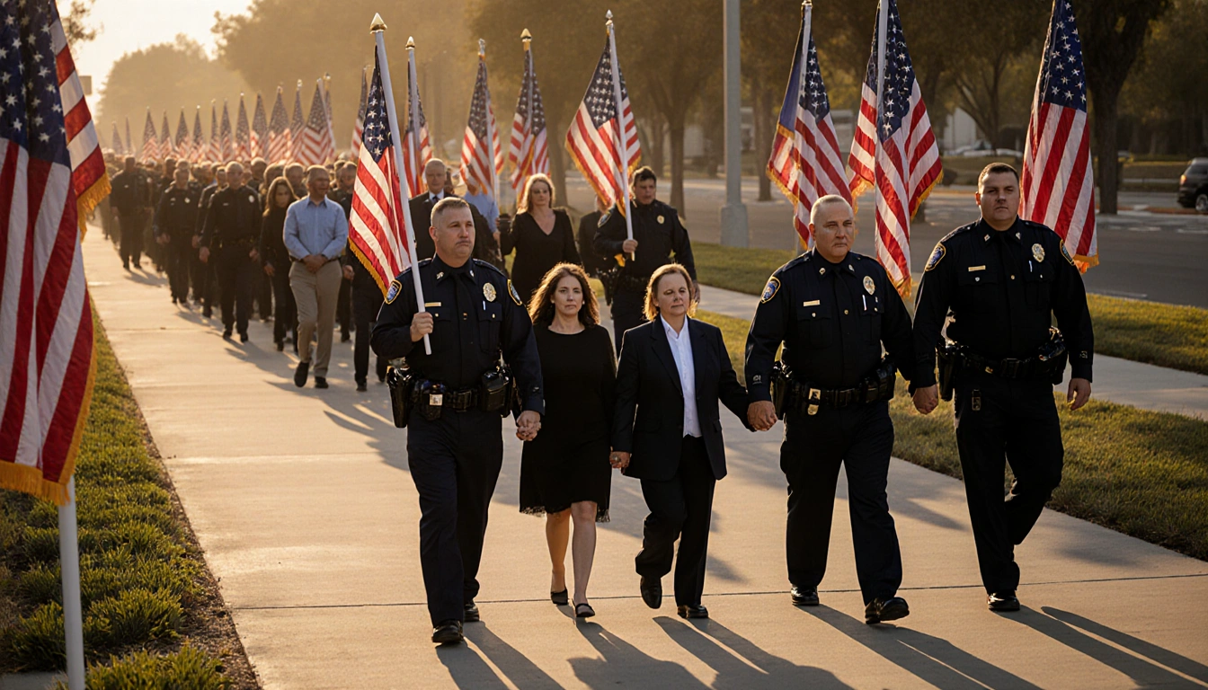 CHP personnel and community members walk in a united procession with flags and golden light honoring Officer Voss.