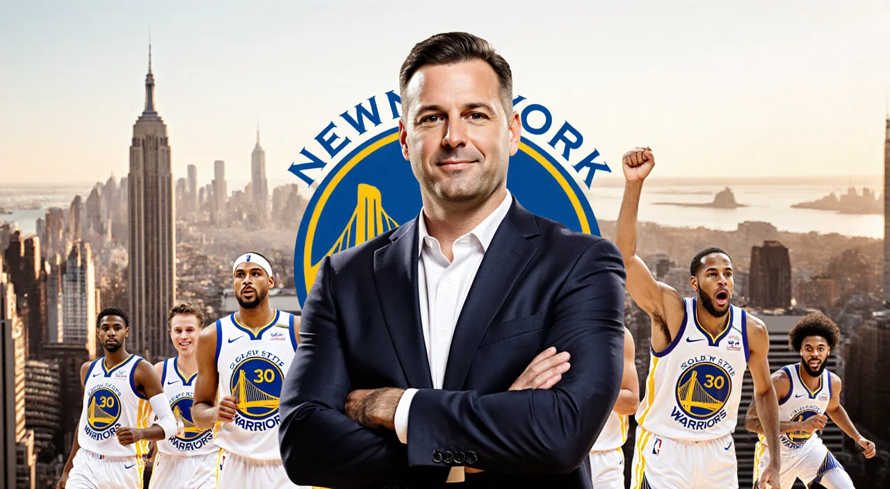 Chris DeMarco standing in front of a New York Liberty basketball logo with a blurred Manhattan skyline background warm glow.