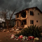 Broken Christmas tree lies on its side with a partially destroyed building and scattered debris