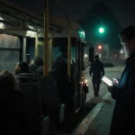 Police officer stands beside bus with phone glow and blurred body silhouette on sidewalk