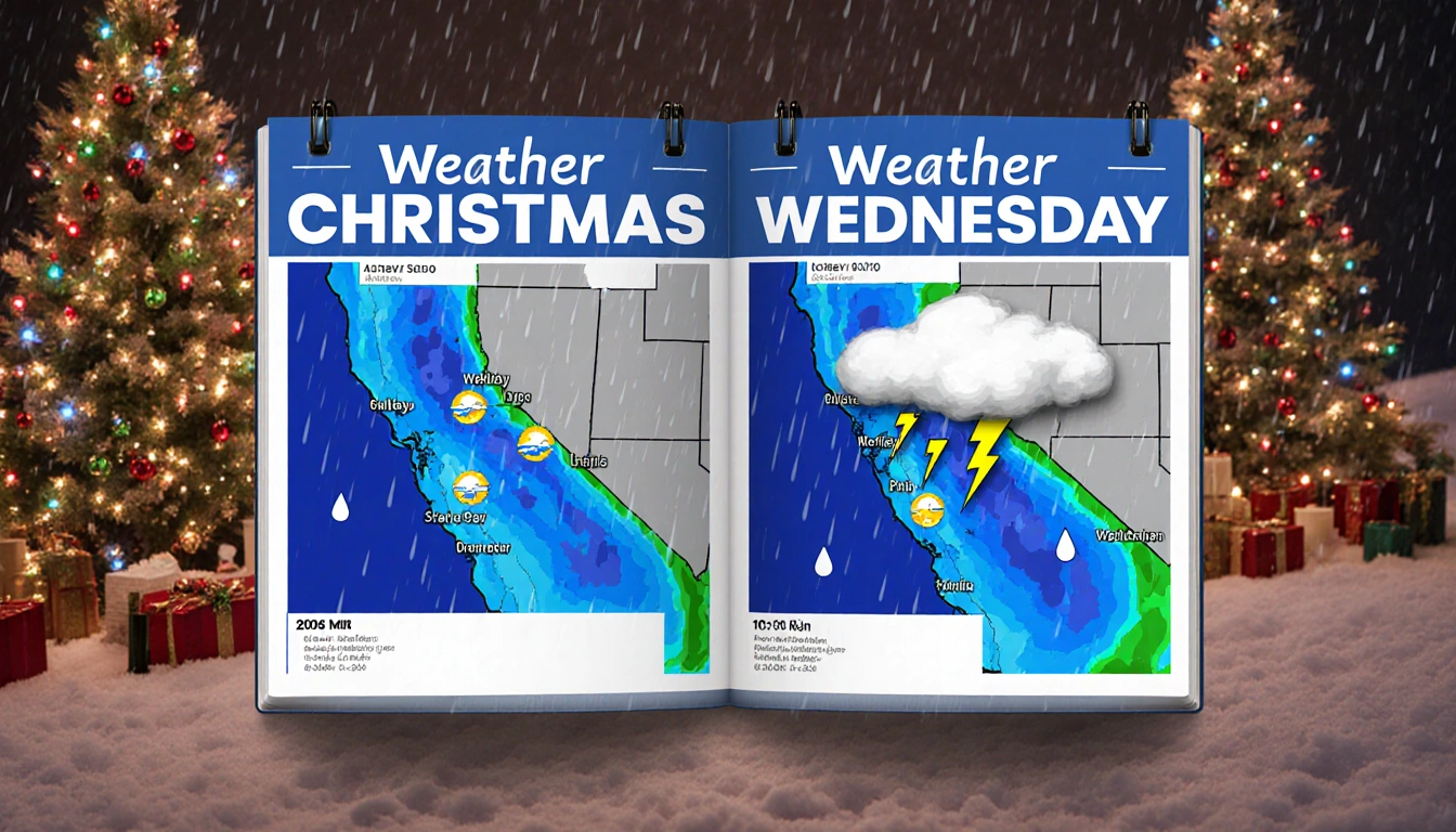 Calendar spread displaying weather forecast with storm approaching SoCal and raindrops overlaying festive lights