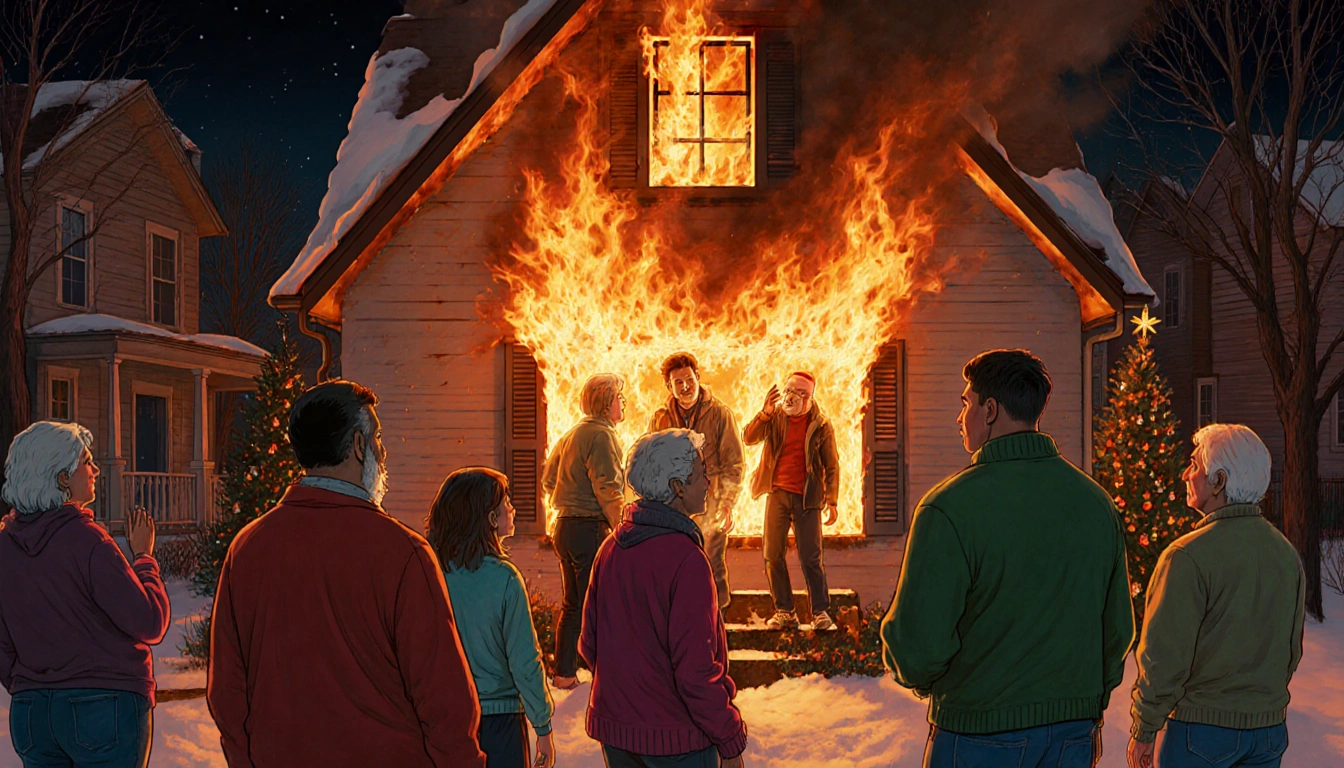 Neighbors rescuing inside burning house with flames and firefighters arriving on Christmas day