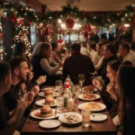 Patrons dining with warm Christmas garlands and colorful burgers pasta sushi