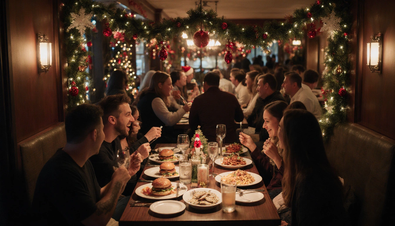 Patrons dining with warm Christmas garlands and colorful burgers pasta sushi