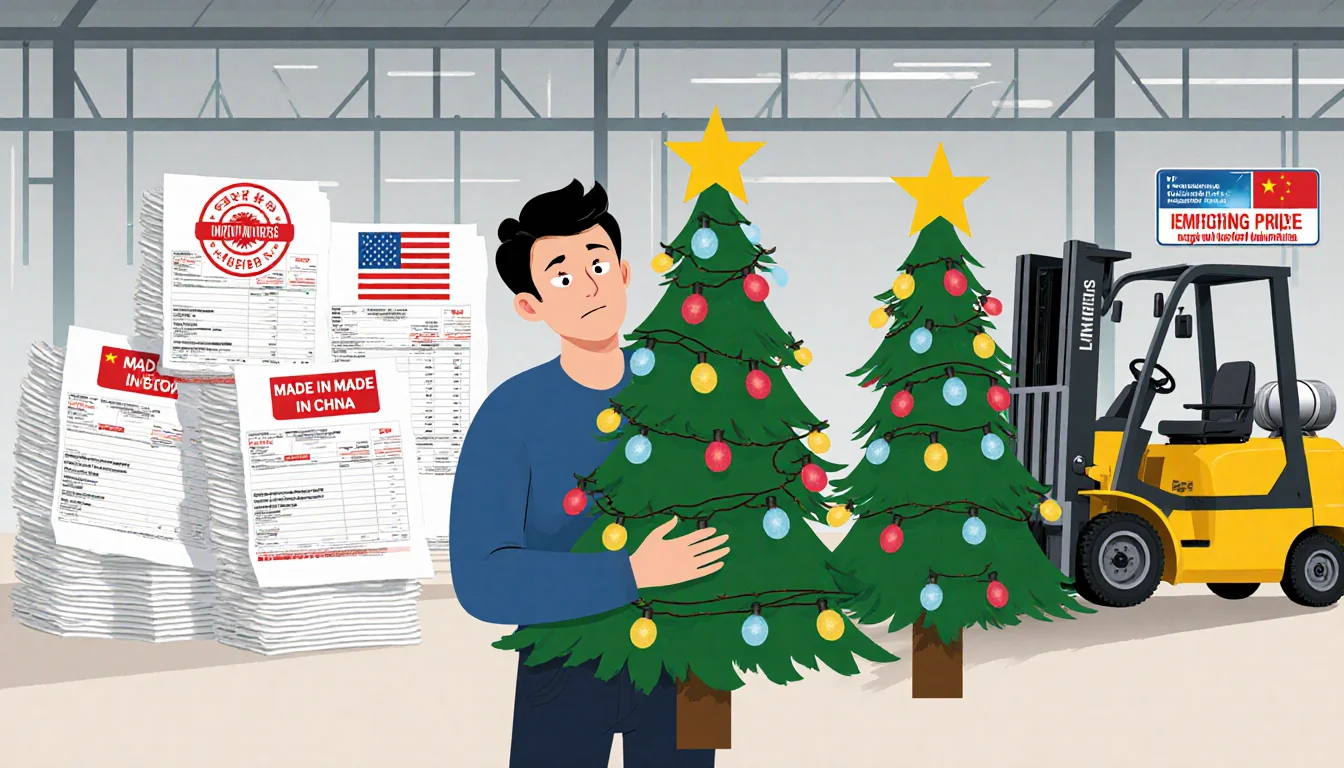 Person holding a Christmas tree with puzzled face with background showing Made in China lights and forklift Import Tariffs