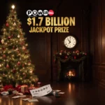 Christmas tree standing prominently with a crumpled Powerball ticket at its base and golden $1.7 billion jackpot above.