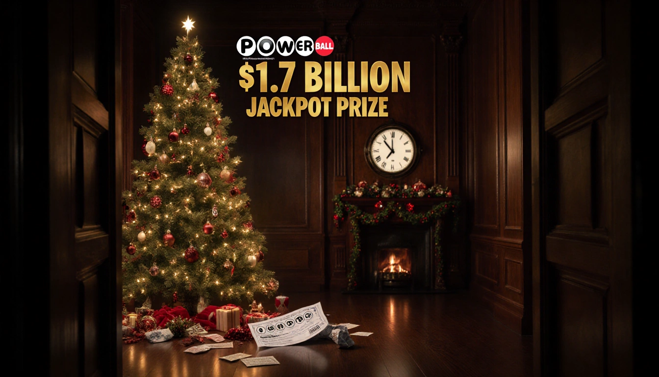 Christmas tree standing prominently with a crumpled Powerball ticket at its base and golden $1.7 billion jackpot above.